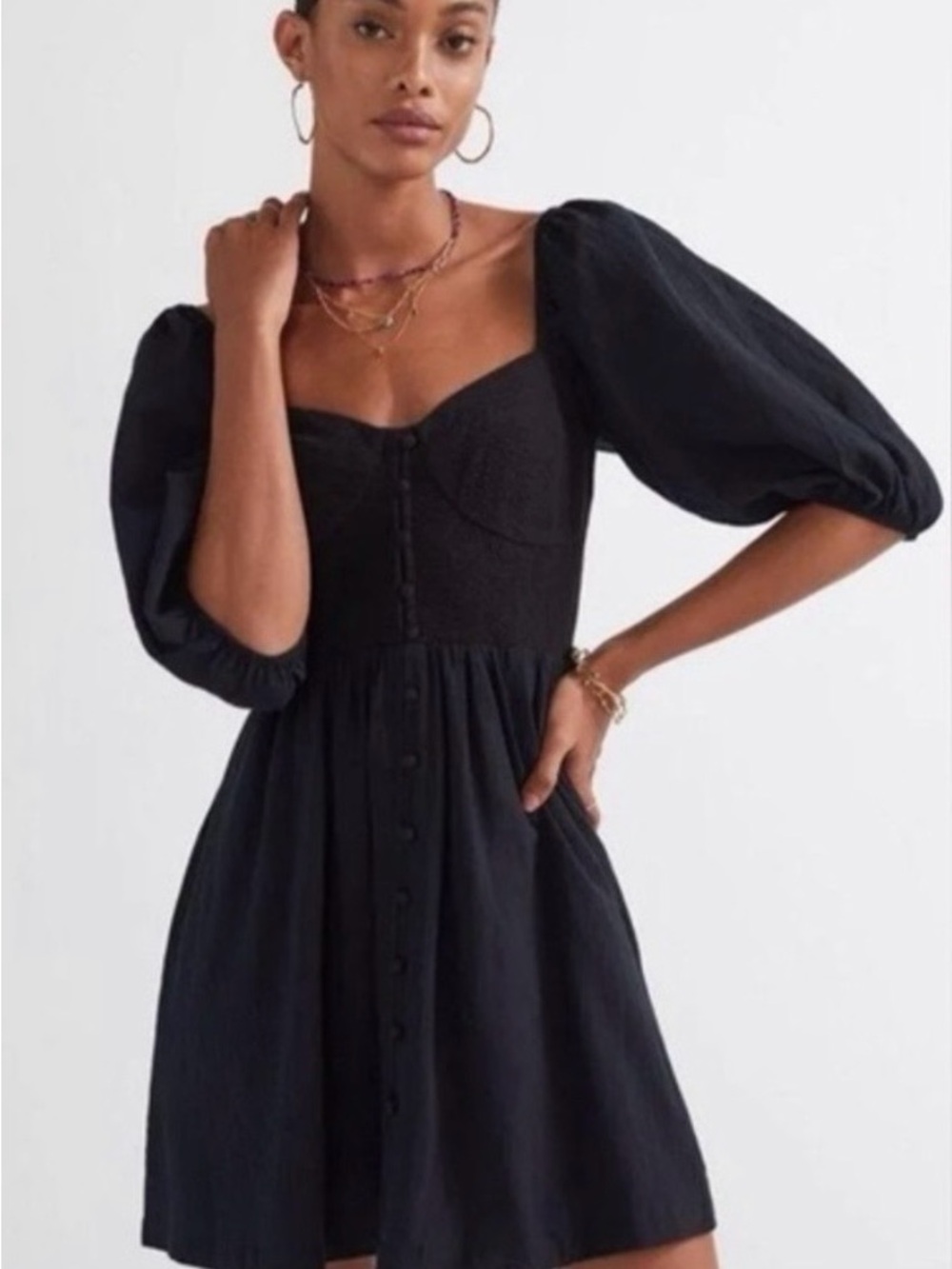 Anthropologie - NWOT - Elegant Black Puff-Sleeve Mini Dress with Button Front